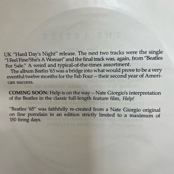 Beatles ‘65 Collector Plate Limited Edition The Beatles Collection Nate Giorgio - Picture 7 of 13